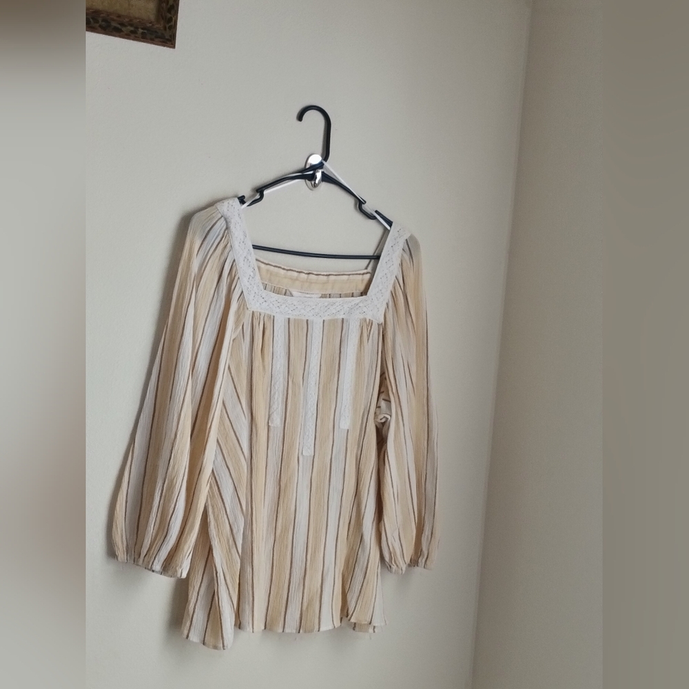 LC Laura Conrad Blouse Women 2X Cream, White & Brown Crochet Lace Academia Tops